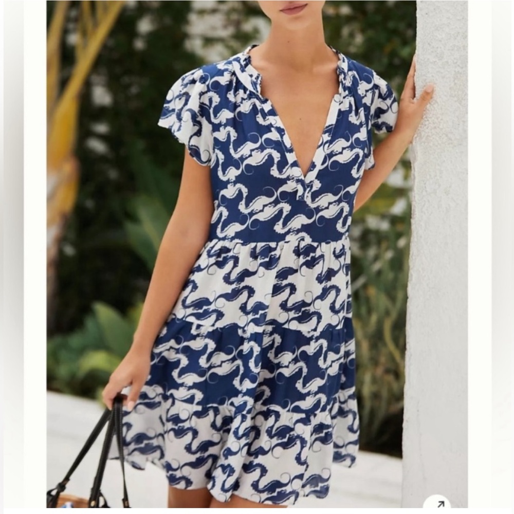 NWT By Anthropologie Shelbie tiered blue and white seahorse print mini dress, 3X
